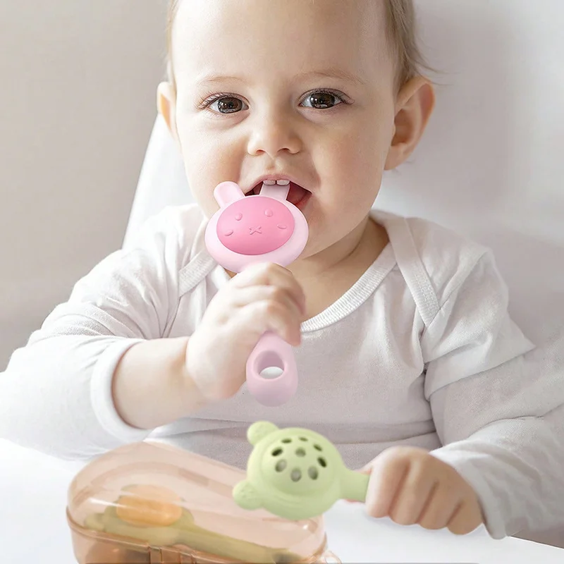 Konijn Beer Baby Bijtring Rammelaar met Fopspeenclip en Plastic Case, Zintuiglijk Speelgoed voor pasgeborenen Babyrammelaars en mobiele telefoons