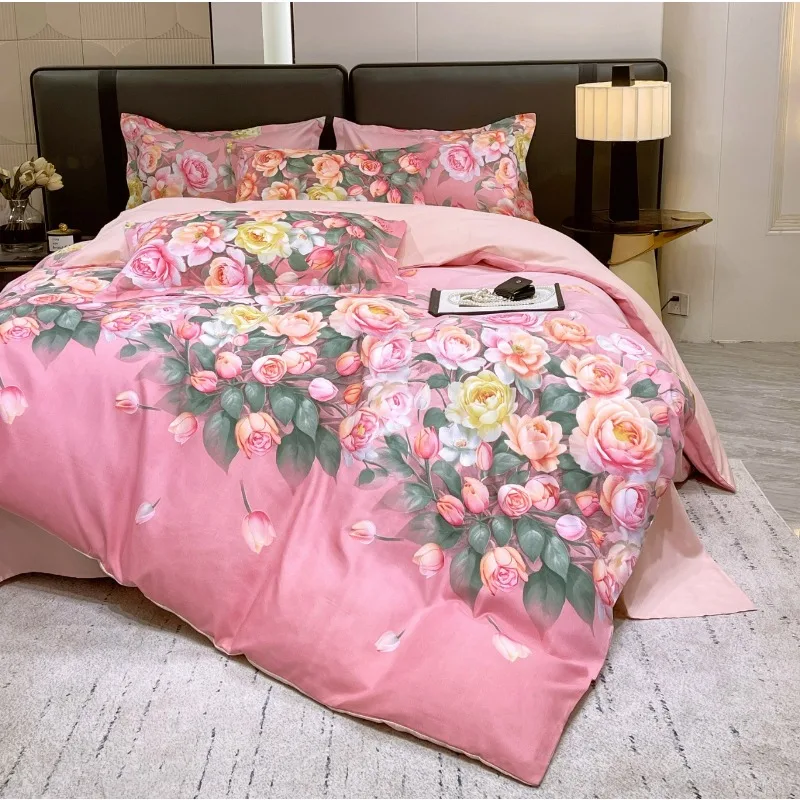 

2025 new tribute cotton flower four-piece set thickened bed sheet quilt cover large printing four-piece set household bedding