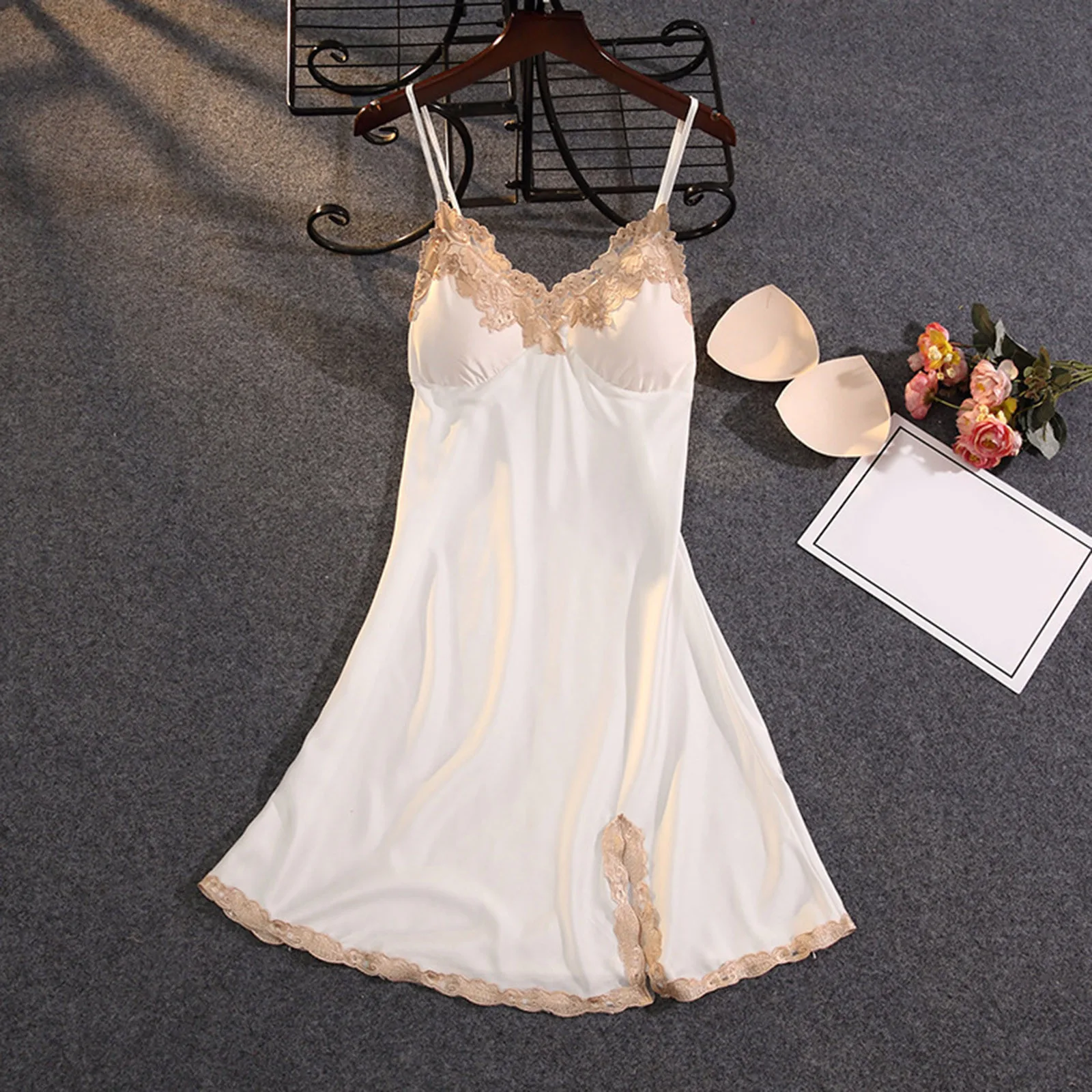 Women Pajamas Lace Home Negligee Nightwear Women Nightdress Thin Sexy Suspender Ice Silk Lingerie Chest Pad Homewear Sleepwear