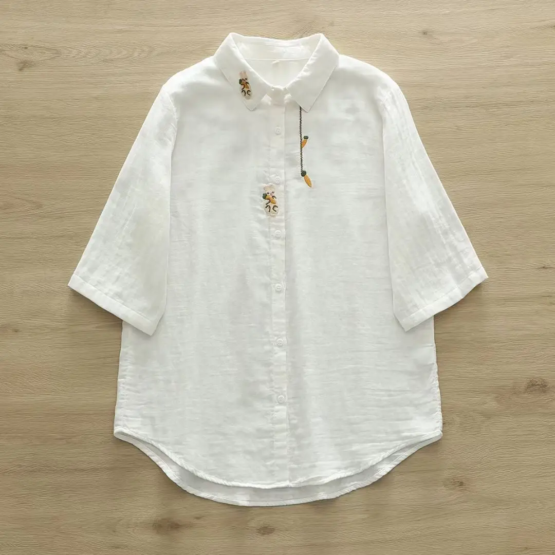 New Summer Cotton Yarn Short Sleeve Shirt Lapel Cartoon Embroidery Top Mori Girl Loose Sweet Fashion Blouse 2024 Autumn T47205QM