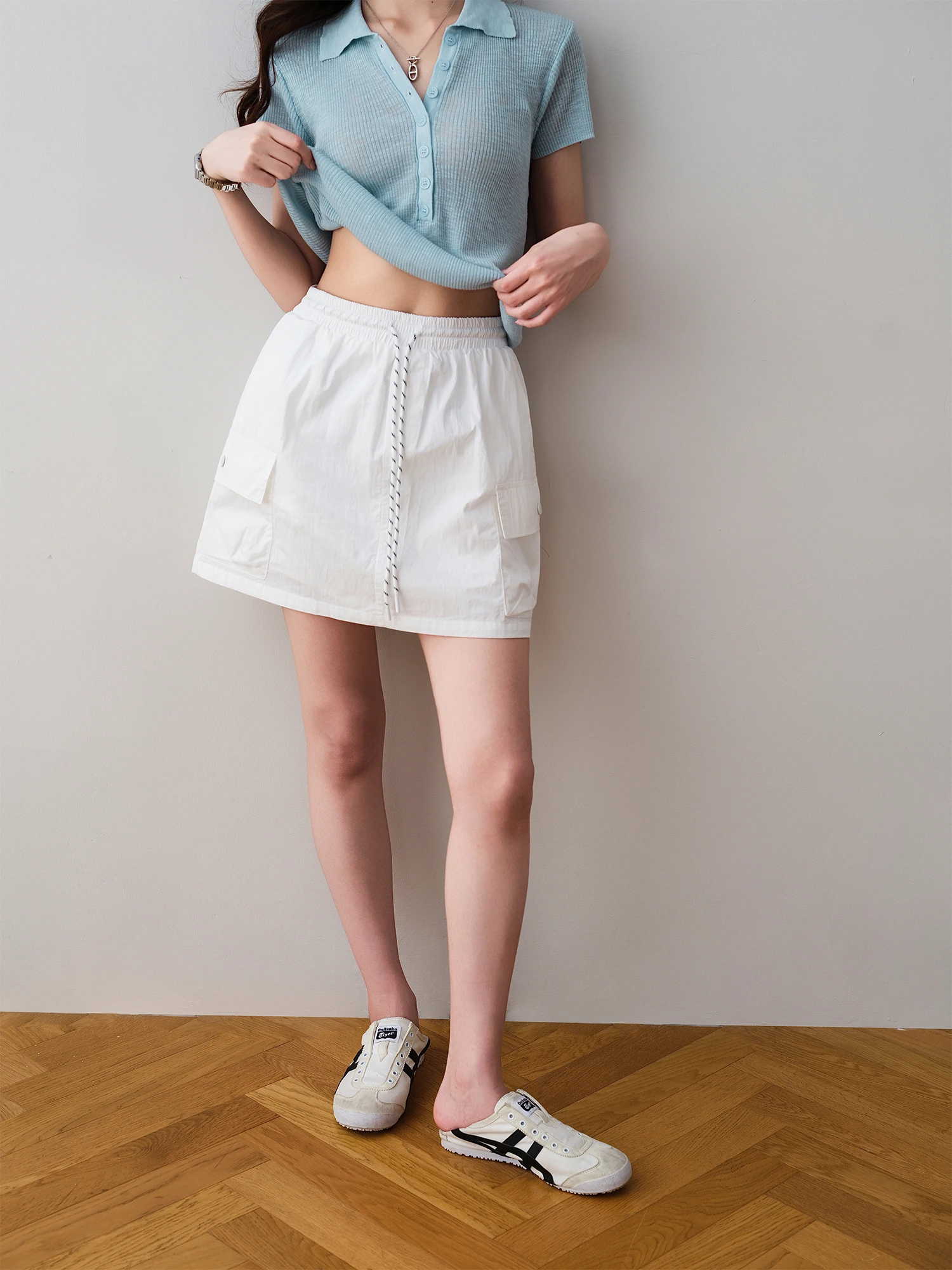 

Корейская хлопковая рабочая юбка-трапеция с завязками, с высокой талией, на резинке, летняя, новая, универсальная короткая юбка