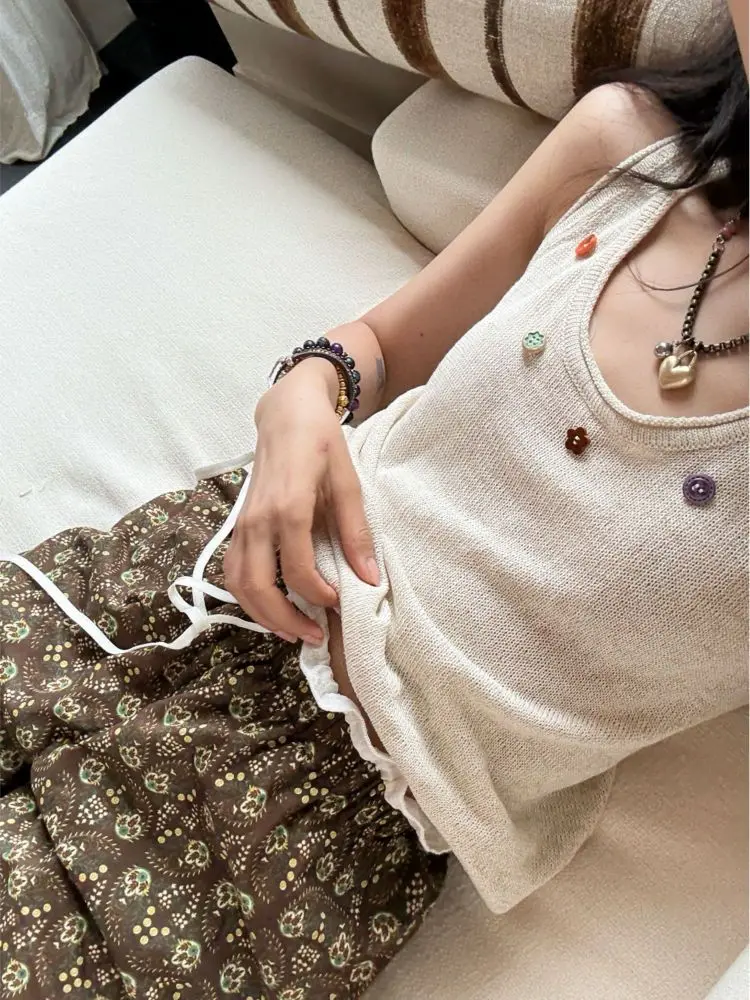 2026 Summer New Knitted Free Three Dimensional Decoration Button U Neck Loose Top T-shirt Women