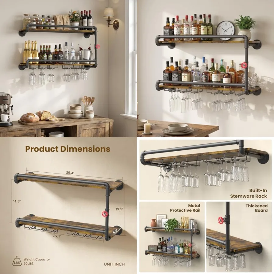 

Rustic Wall Mounted Wine Rack with Stemware Holder, Floating Bar Shelf for Home Bar, Coffee Station, Kitchen Storage, Dining Ro