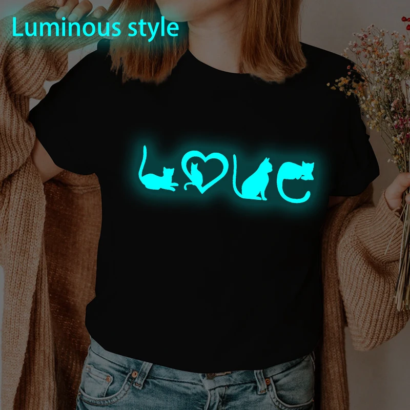

LOVE Fun Cat Graphic Women T Shirts Fashion Casual Shirt Vintage Animal Streetwear For Cat Lover Gifts Luminous Style Men Tees