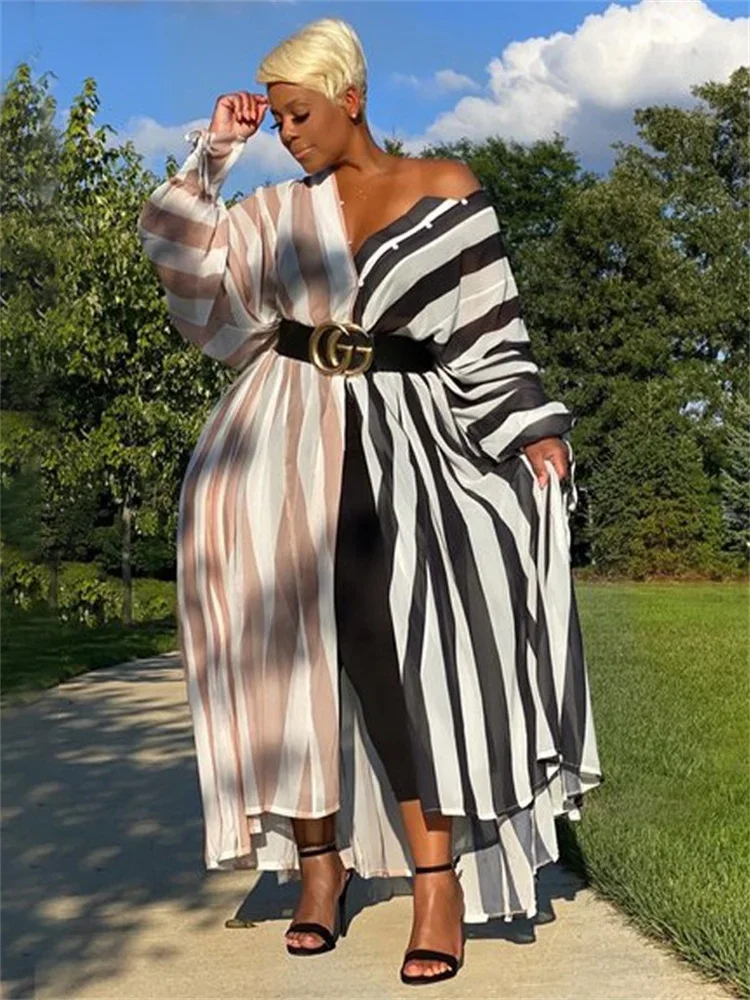 Plus Size Dresses for Women Elegant Lady Striped Loose Sexy Black Button Long Sleeve Maxi Shirts Dress Wholesale Dropshipping