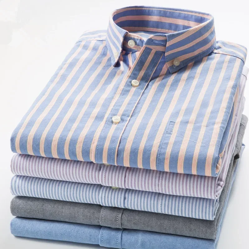 

100% Cotton Oxford Mens Shirts High Quality Striped Business Casual Soft Dress Social Shirts Regular Fit Male Shirt Big Size 8XL