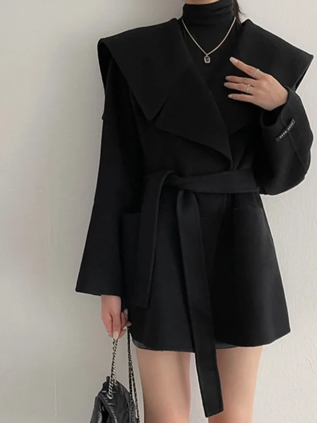 Mantel Wol Musim Gugur Musim Dingin Wanita Modis Elegan Kerah Besar Ukuran Kecil Rompi Berikat Pinggang Kerah Biru Dongker Dasi Mantel Dr