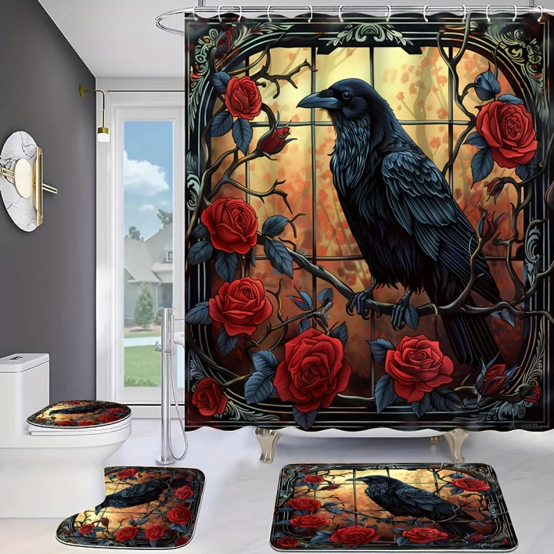 

4pcs Crow and Flower Printed Shower Curtain Set, Decorative Bathroom Set Including Waterproof Shower Curtain, Non-slip Floor M