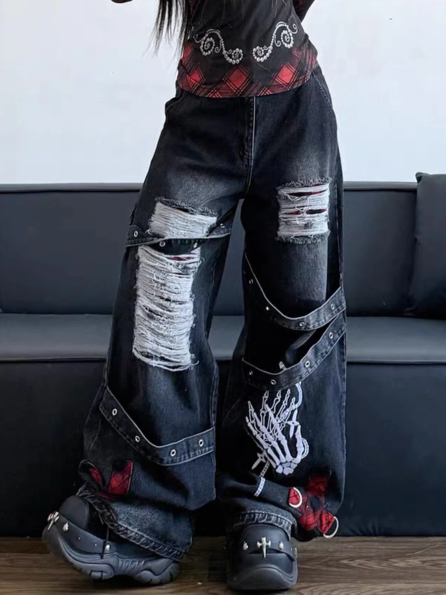 

Bla Hole Denim Jeans Women's Wide Leg Loose Visual Sle Millennium Wind Y2K Spring Autumn Seasonal Faionable Pants