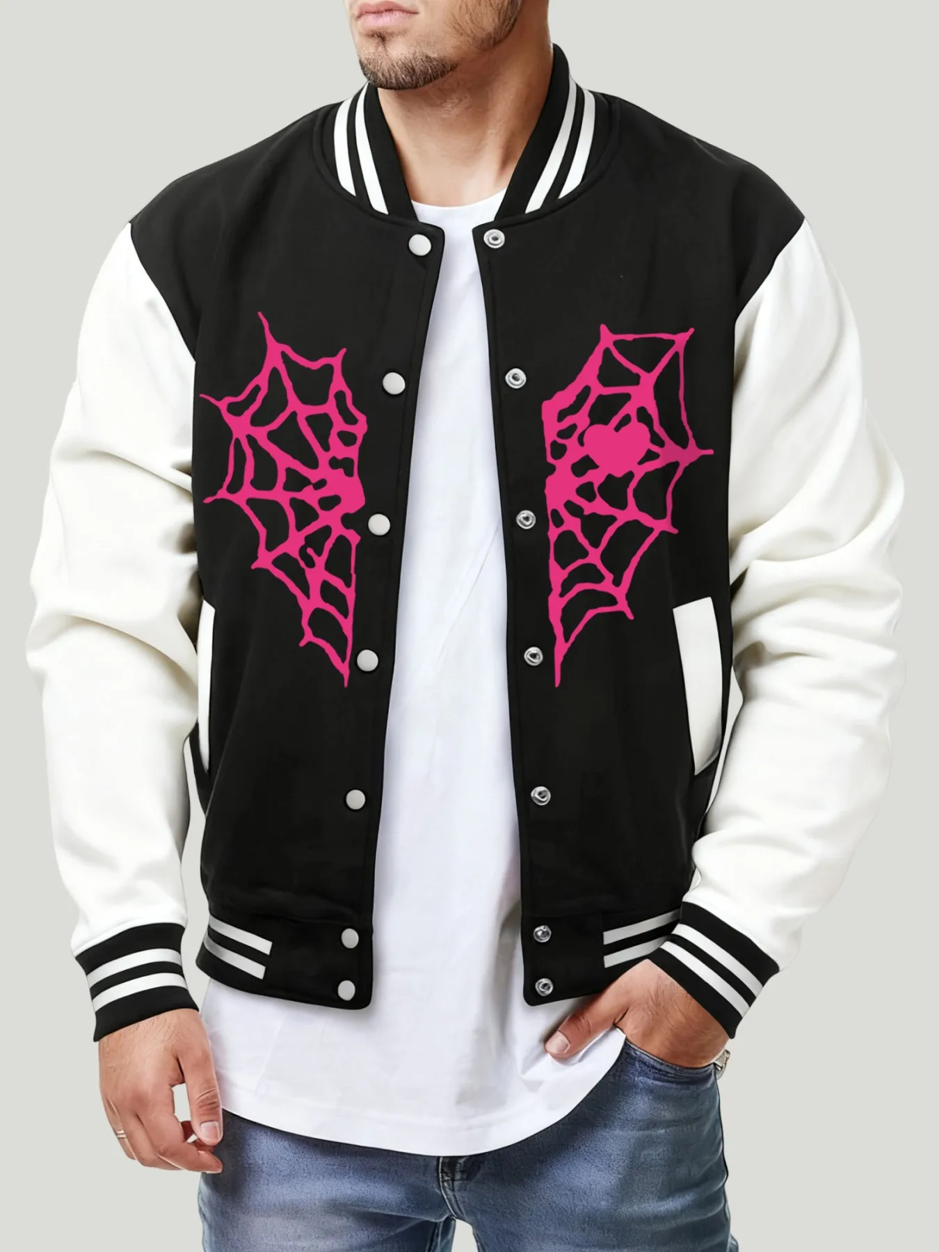

Pink Love Spider Web Printed Male Baseball Jersey Personality Casual Jackets Street Fleece Tops Fashion Clothes For Men