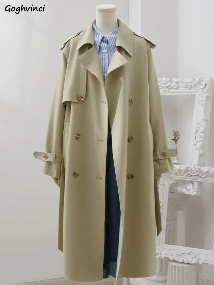 

Long Trench Women Office Lady Elegant Autumn Coat Simple Casual British Style Baggy Classic Females Streetwear Chic All-match