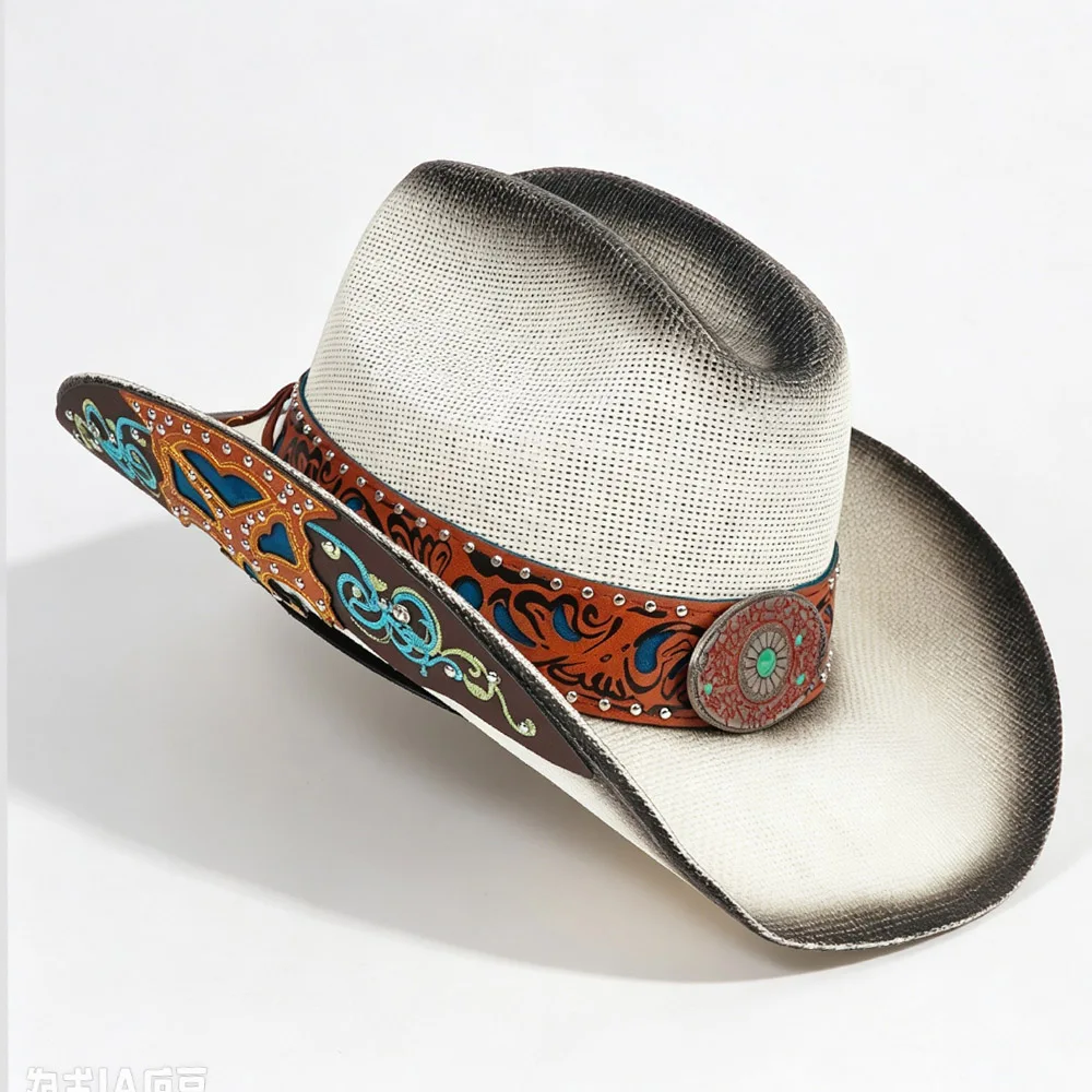 Vintage Brown Straw Cowboy Hat Tooled Leather Band Turquoise Rivet Western Cowgirl Caps Floral Metal Buckle Summer Beach Sombrer