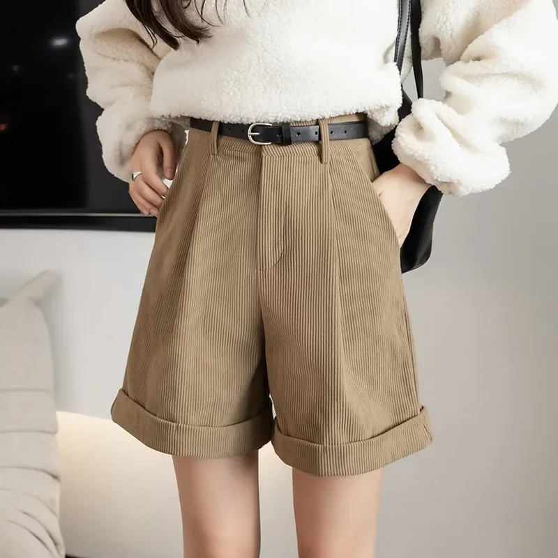 Corduroy Shorts Women Casual High-waist  A-line Wide-leg Solid Color Trousers 2024 Autumn New Fashion Versatile Shorts Female