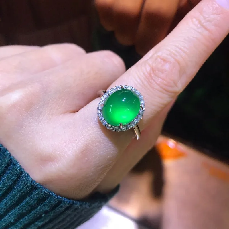 High Ice S925 green jade marrow ring old pit emerald agate jade inlay female ring jewelry factory wholesale