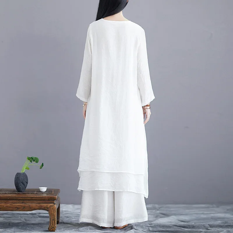 White Simple Solid Zen Casual Set Clothing Women Long Top Wide Leg Pants Two Pieces Chinese Styles Vintage Ethnic Style Harajuku