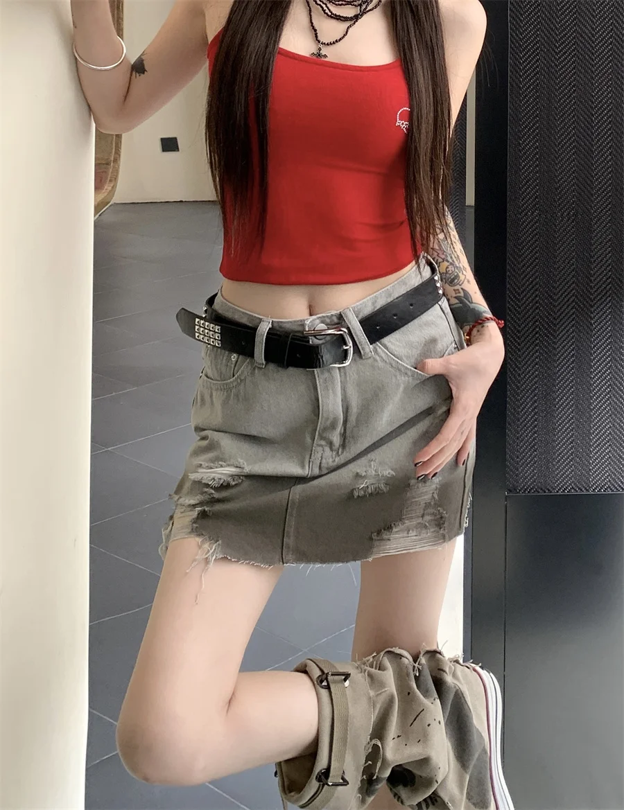 

Slergiri Streetwear gradient denim skirt women summer high waist y2k vintage raw hem do old ripped jean mini skirts without belt