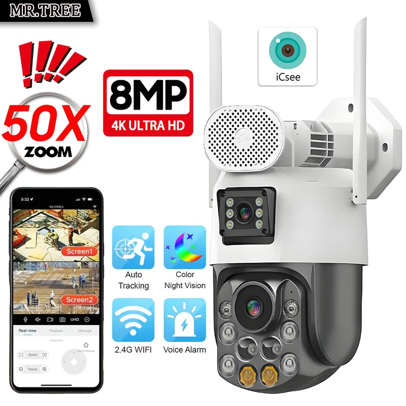 

8MP 4K WIFI Security Camera Outdoor Dual Lens PTZ 50X Zoom Ai Human Detect Surveillance Color Night Vision Wireless IP Camera