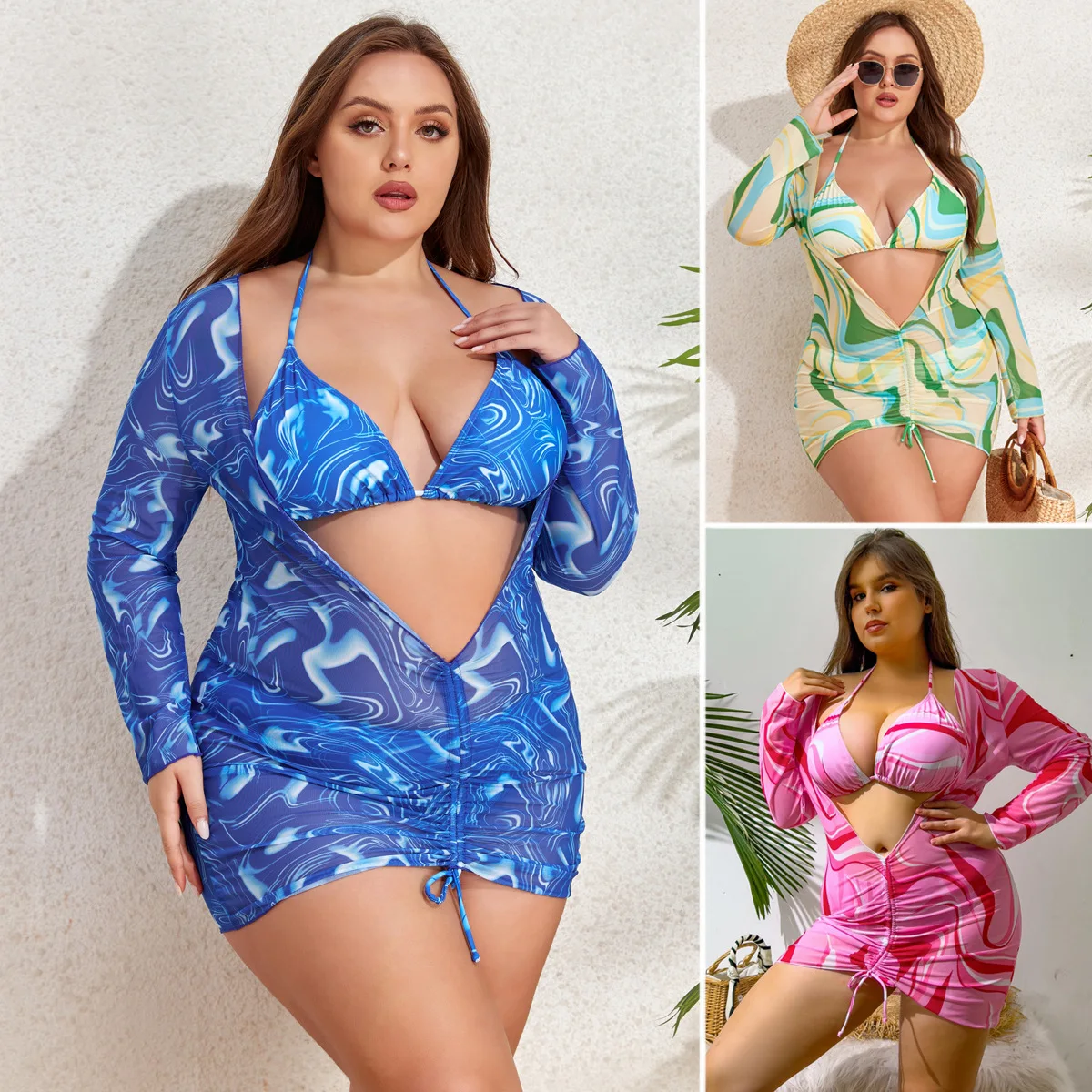 Plus Size Swimwear 3pc Long Sleeve Bikini Set with Swim Skirt Swimsuit Cover-Up Separates Women Summer Beachwear Bathing Suit