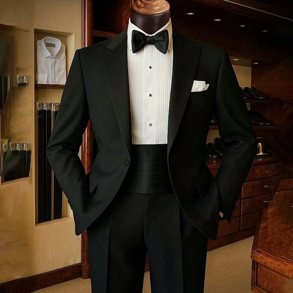 

Высококачественные черные костюмы для мужчин, шикарные однотонные пиковые лацканы, приталенная куртка, брюки, полный комплект, деловая мужская одежда Terno