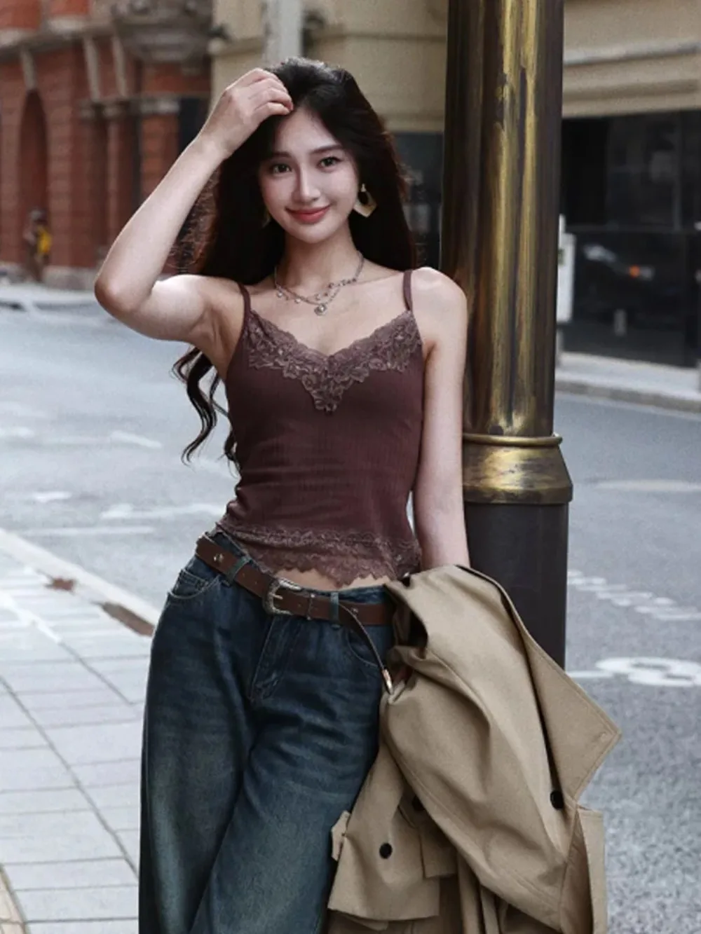 

Women's Sexy V-Neck Lace Patchwork Tank Tops Brown Goth Aesthetic Retro Crop Tops Casual Camisole Summer Fashion