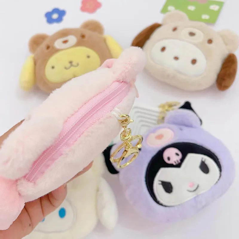 Sanrio Kawaii My Melody Kuromi Cinnamoroll Kt Cat Plush Plushies Coin Purse Earphone Organizer Bag Pendant Key Ring Girls Gifts