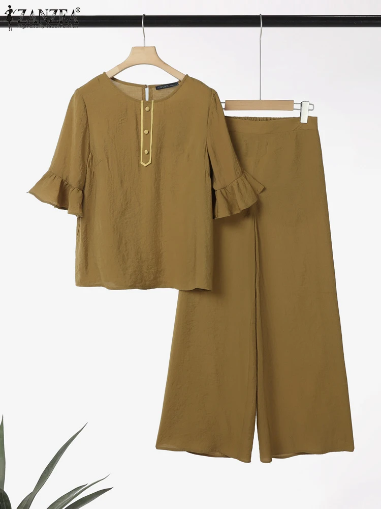 

ZANZEA Woman Loose Casual 2 Piece Sets Elegant O-Neck Flared Sleeve Blouse Wide Leg Pants 2pcs Outfits Commute Solid Pant Sets