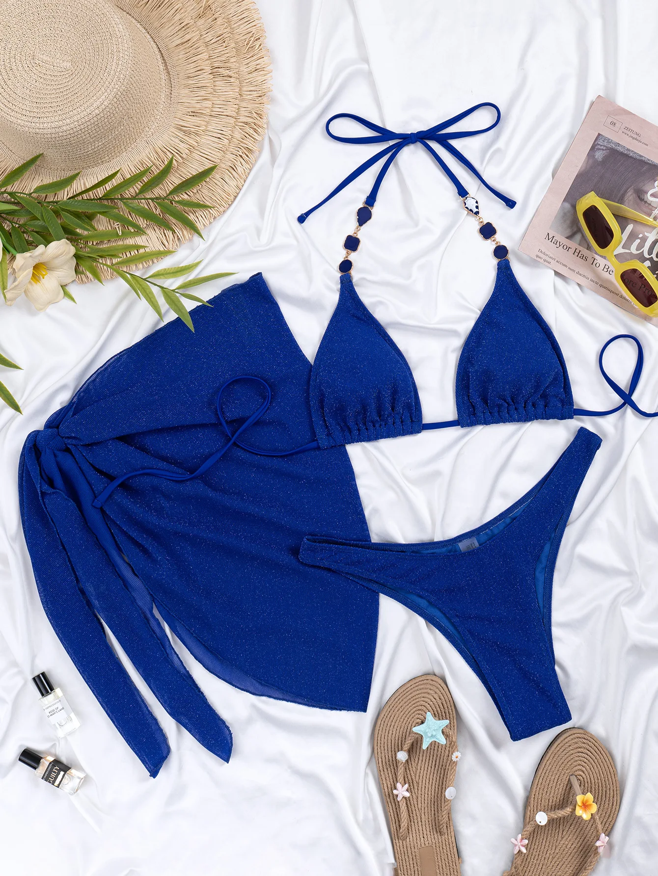 sexy glitter plain halter tie bikinis sets 3pcs with cover skirt shinny swimsuits bathing suit beach outfits biquini tankini