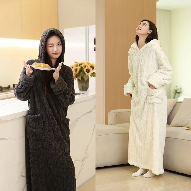 Thickened Fluffy Coral Fleece Nightgown Women's Winter Sleepwear Cute Hooded Robe Knotted Pure Color Long Length Sleep Dress