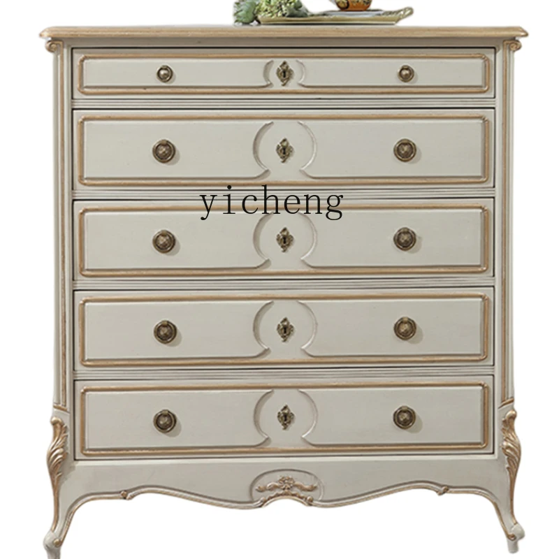 

ZC Solid Wood Retro Storage Cabinet Living Room Bedroom Carved Cream White Distressed Chest of Drawer