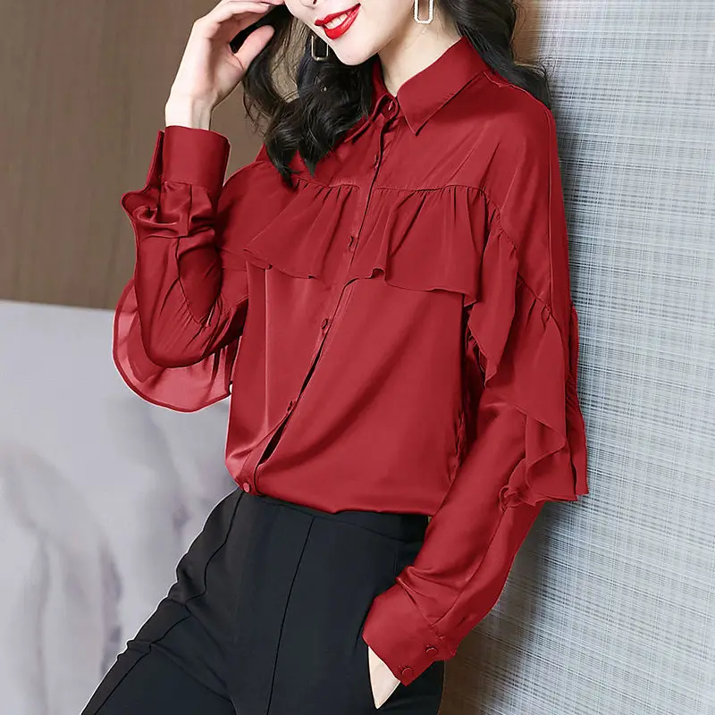 Office Lady Stylish Ruffles Patchwork Shirt Spring Autumn Long Sleeve Women\'s Clothing Single-breasted Loose Polo-Neck Blouse