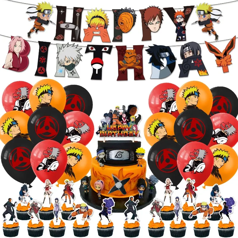 Globos de Látex de Anime y Dibujos Animados de Uzumaki Naruto, Globos de Látex de Uchiha Sasuke, Pancarta de Feliz Cumpleaños, Decoración de Fiesta, Pastel de Héroe para Niños