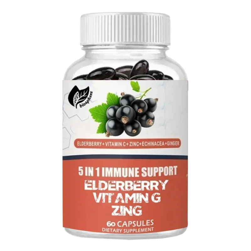 مكمل دعم المناعة 5 في 1 من Elderberry 1000 ملغ من فيتامين C من الزنك Echinacea والزنجبيل النباتي كبسولات 60 قطعة #2