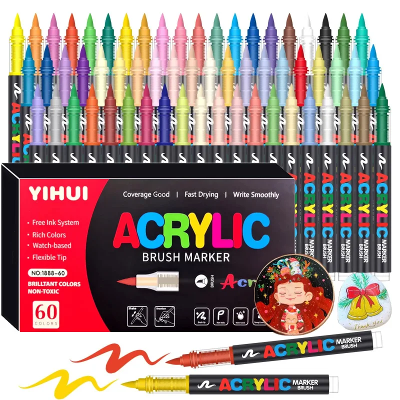 

12-60 Colors YIHUI Acrylic Brush Markers Set Free Ink System Liquid Paint Pens No Shake Directly Use Waterproof Markers for Rock