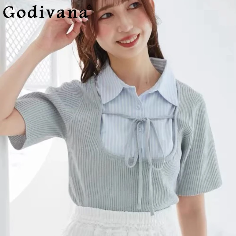 

Japanese Sweet College Style Polo-Neck Fake Two-Piece Knit Shirt 2025 Summer New Women's Slim Fit Knit Casual Top Daily Blouses