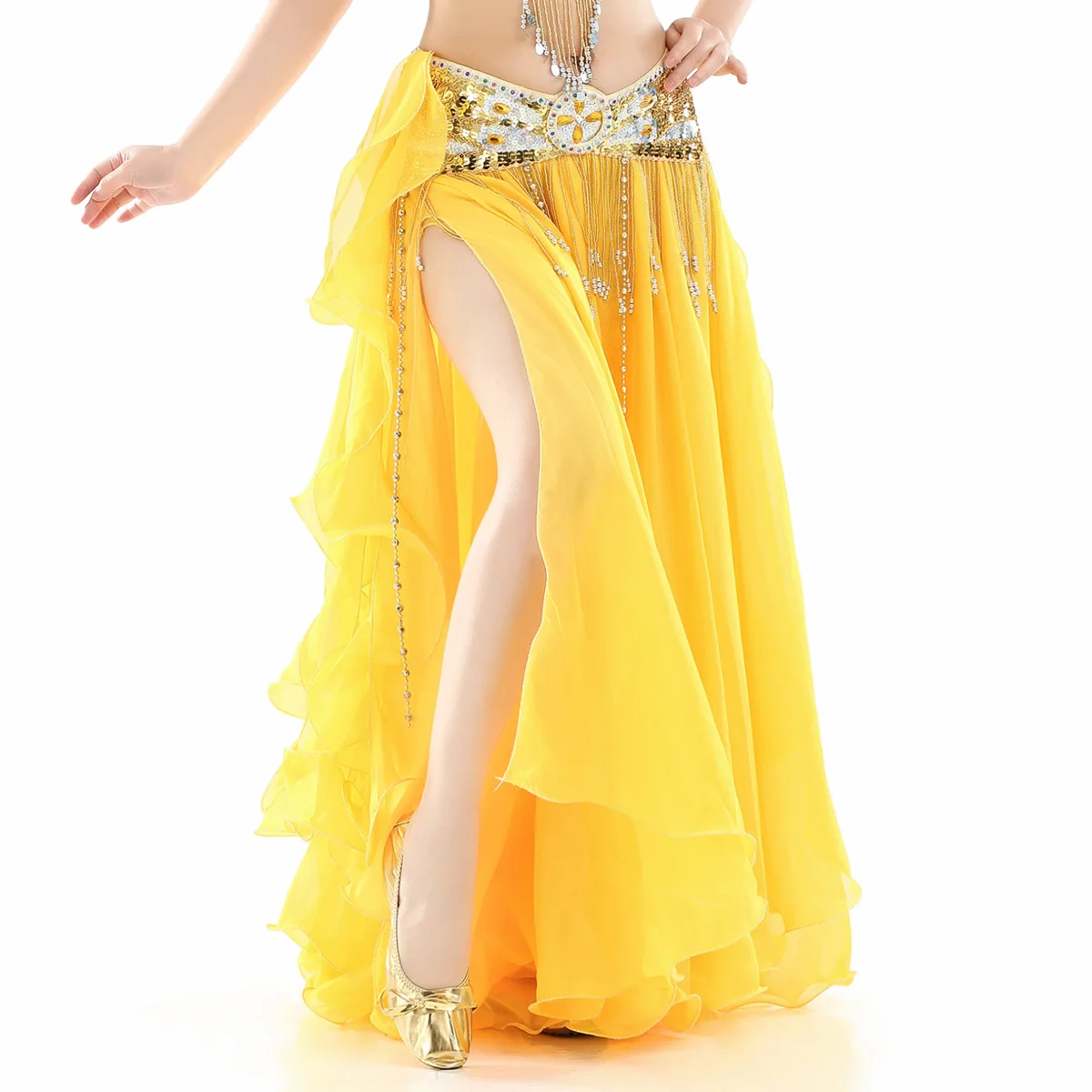 Saia De Dança Do Ventre De Fenda Alta, Chiffon Folha Encaracolada, Double Split Ear Skirt, Acessórios De Dança