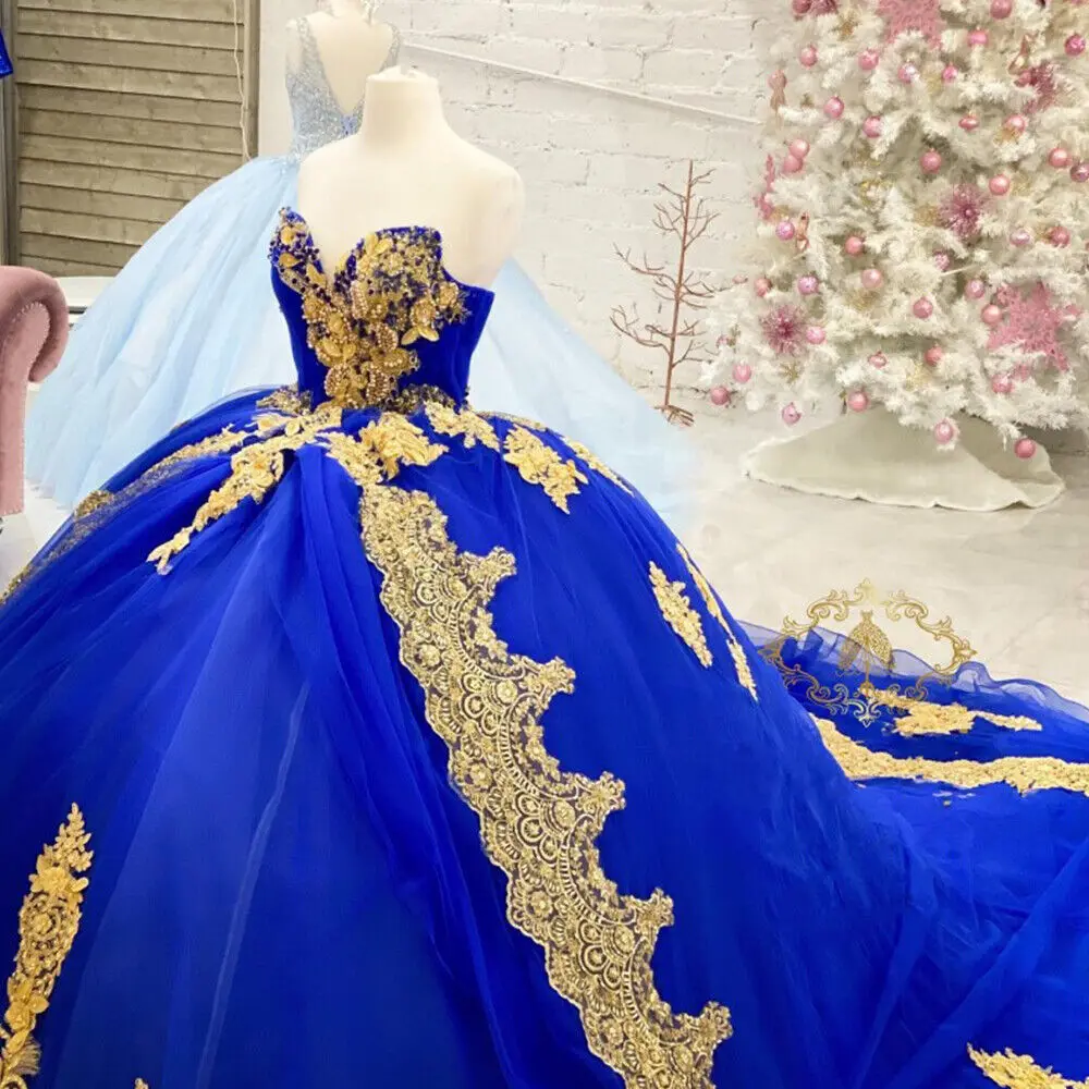 ANGELSBRIDEP gaun Quinceanera biru Royal gaun emas Applqiue renda manis 16 gaun Prom vestidos de 15 Anos gaun Formal disesuaikan