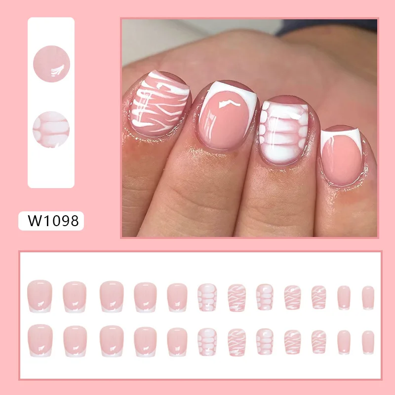 24Pcs Short French White Press on Nails T-shaped French leopard print False Nail for Women&Girl Removable Wearable Nail Art