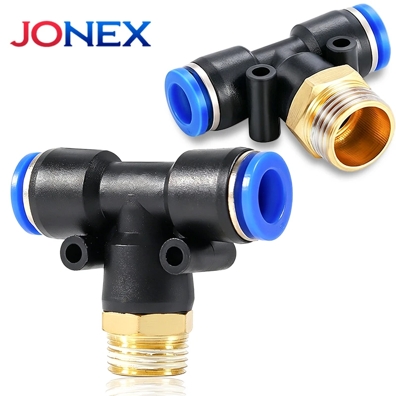 5PCS Push‑in Connection Pneumatic T Fitting Connectors M5 1/8 1/4 3/8 1/2 Thread for Air Tube Hose OD 4mm 6mm 8mm 10mm 12mm