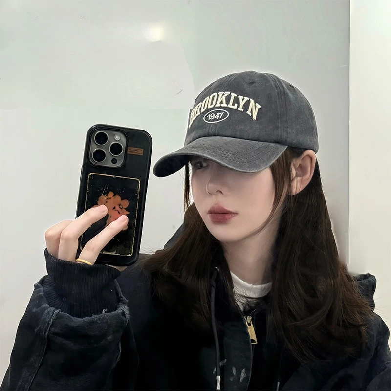 Embroidered letters baseball cap big head circumference washed sun protection sun hat women's large deepening baseball hat