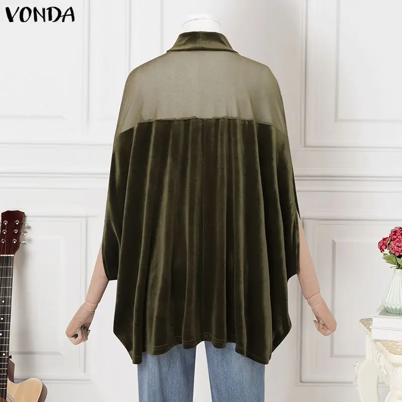 2026VONDA Elegante Vrouwen Fluwelen Blouse Mode Tops Mesh Patchwork Kantoor Blusas Herfst Stand Kraag Vleermuis Mouw Streetwear