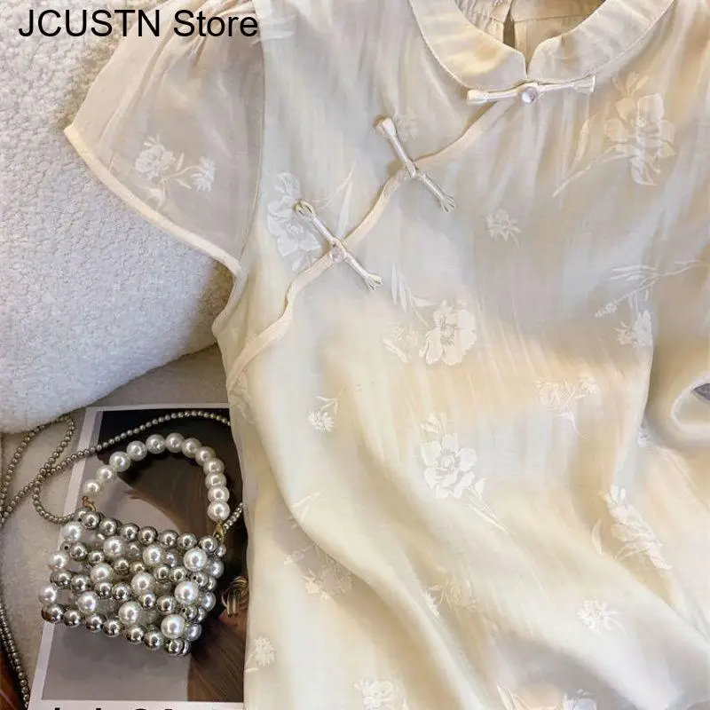 Camicia da donna con colletto rialzato stampato a maniche corte in stile cinese nuovo Temperamento Camicia da donna elegante Retro Summer Light Soft Top