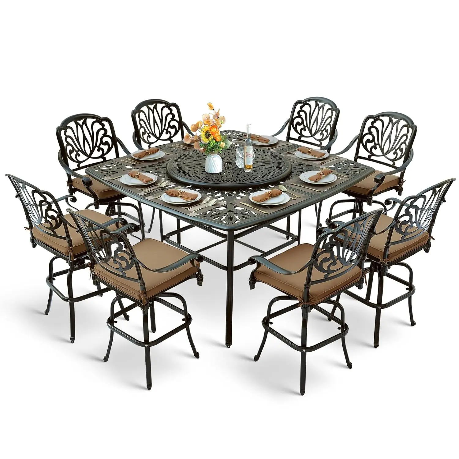 

Набор для бара из литого алюминия, 10 предметов: 8 мягких вращающихся стульев, квадратный стол 64 дюйма с отверстием для зонта Lazy Susan, на заказ