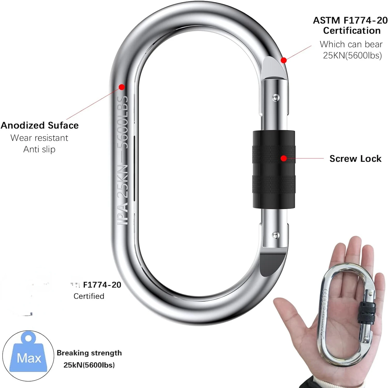 Juego resistente y confiable de 2 mosquetones de escalada de alta resistencia, fuerte capacidad de 25kn = 5600 libras, equipo duradero para cuerdas y aparejos