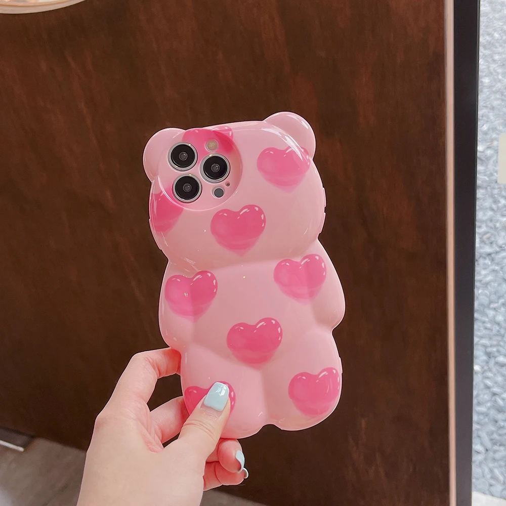 3D Cute Love Pink Bear Phone Case for iphone 15 Pro 14 Plus 13 12 Pro MAX XS MAX XR XS X 11Promax Soft silicone TPU Back Cover