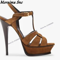 Moraima Snc Brown Hollow Platform Sandals T Strap Open Toe Ankle Buckle Spike High Heels Cut Out Summer Wedding Shoes on Heels