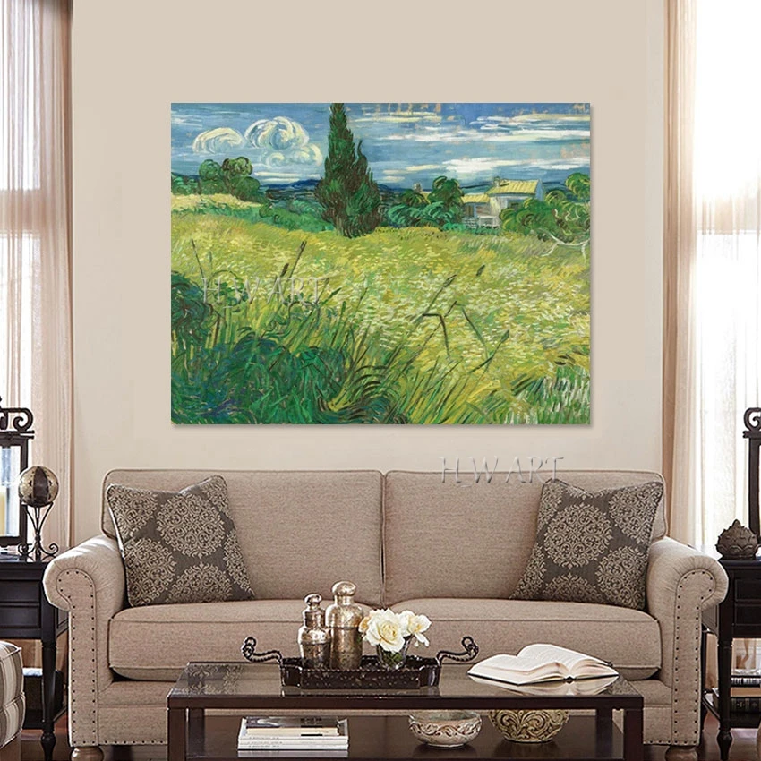 Green Acrylic Landscape Abstract Picture, Frameless, Village Lawn Scenery Paintings, Canvas Drawing, Outdoor Wall Art Decoration