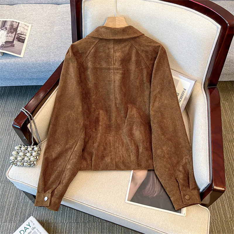 Streetwear Fashion Vintage Brown Short Faux Suede Jacket Spring Autumn Women Casual Korean Lapel Long Sleeve Female Biker Jacket