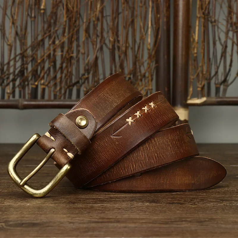 Cinturón de cuero de vaca genuino para hombre, hebilla de latón de alta calidad, 3,3 CM, diseño de moda