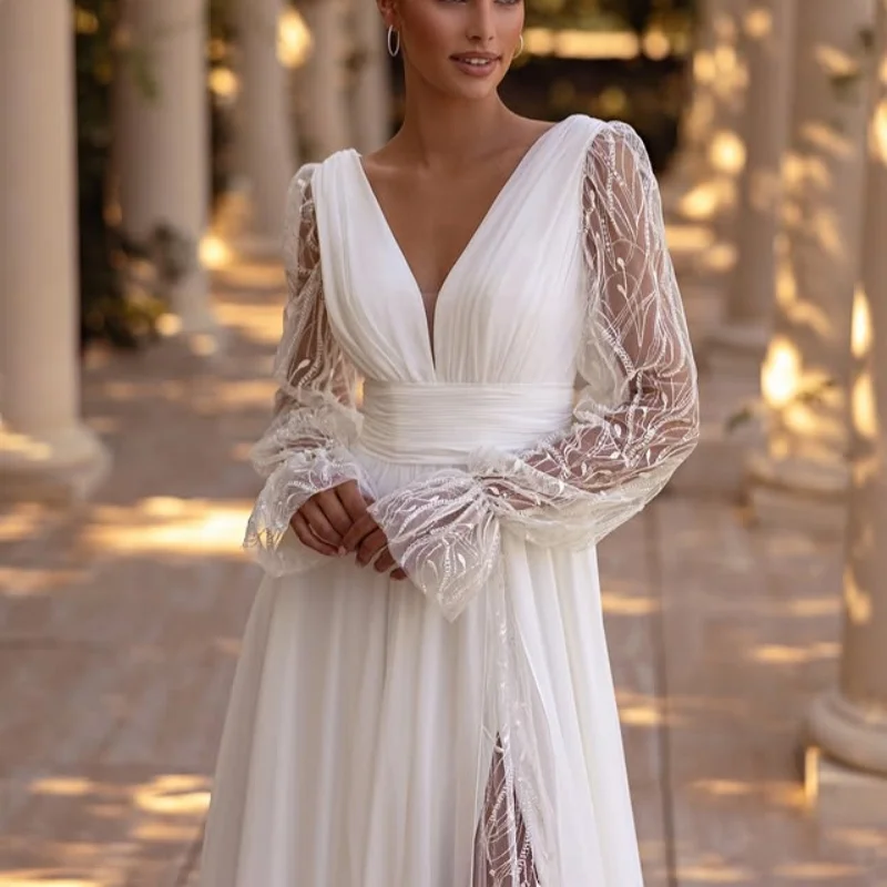 

Simple Shiny White Wedding Dresses glitter lace crystal decal long sleeves vent style Gowns multi-layer Made customize