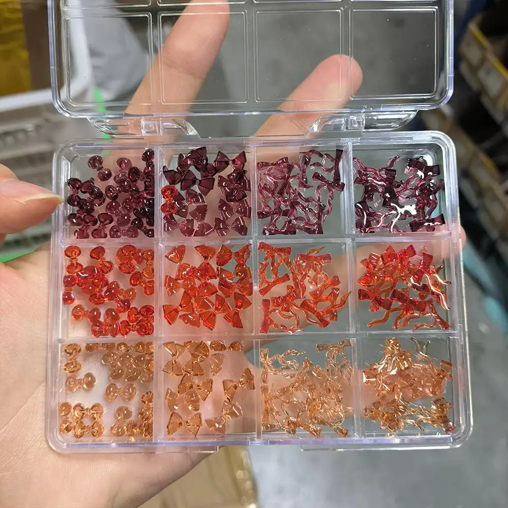 12グリッド3Dミニレッドボウリボンネイルチャームアイス透明ボウノットネイルアートデコレーションスイートボウタイバレンタインマニキュアパーツ